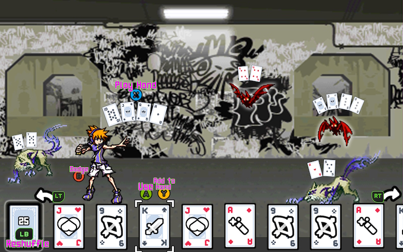 A rough mockup of the combat from the game, using some sprites and graphics from the game The World Ends With You.
