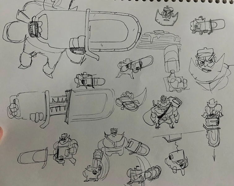 Concept art paper drawing of different designs for the chainsaw