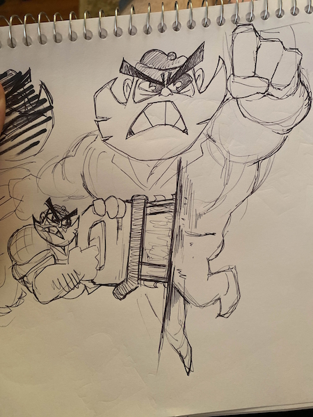 Concept art drawing on paper of Lumber Jacked protagonist, in flannel with a chainsaw