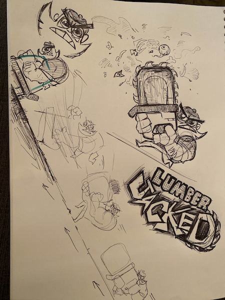More concept art of the showing the character riding up a wall on his chainsaw and a logo for the game