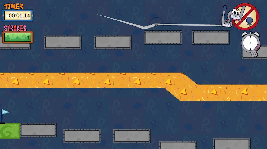 Screenshot of Rolf gameplay. Rolf, a golf club with a face, is pulling a ball over concrete blocks.
