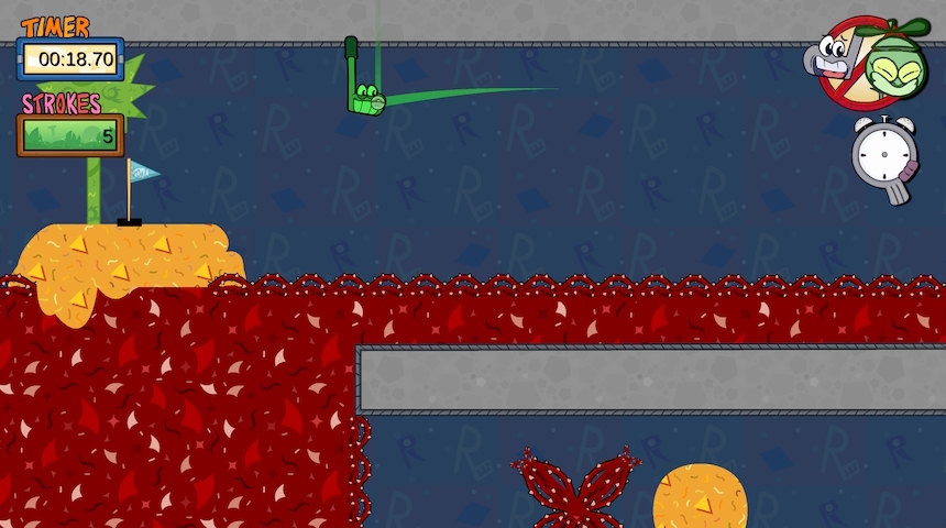 Another screenshot of Rolf gameplay. A green ball is floating over a dangerous red spike pit.